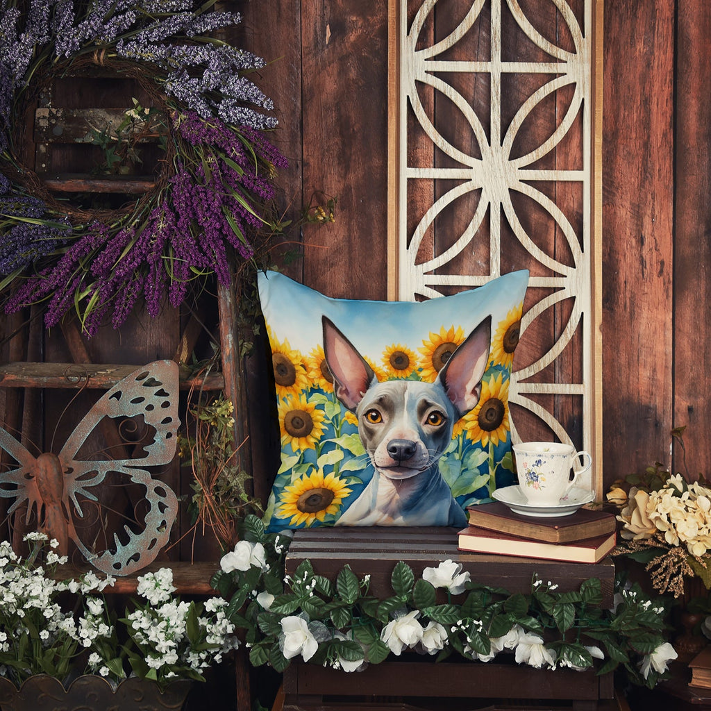 American Hairless Terrier in Sunflowers Decorative Throw Pillow 14x14 Indoor Outdoor Accent Cushion, Fabric Cover with Insert for Sofa, Bed, Porch & Living Room