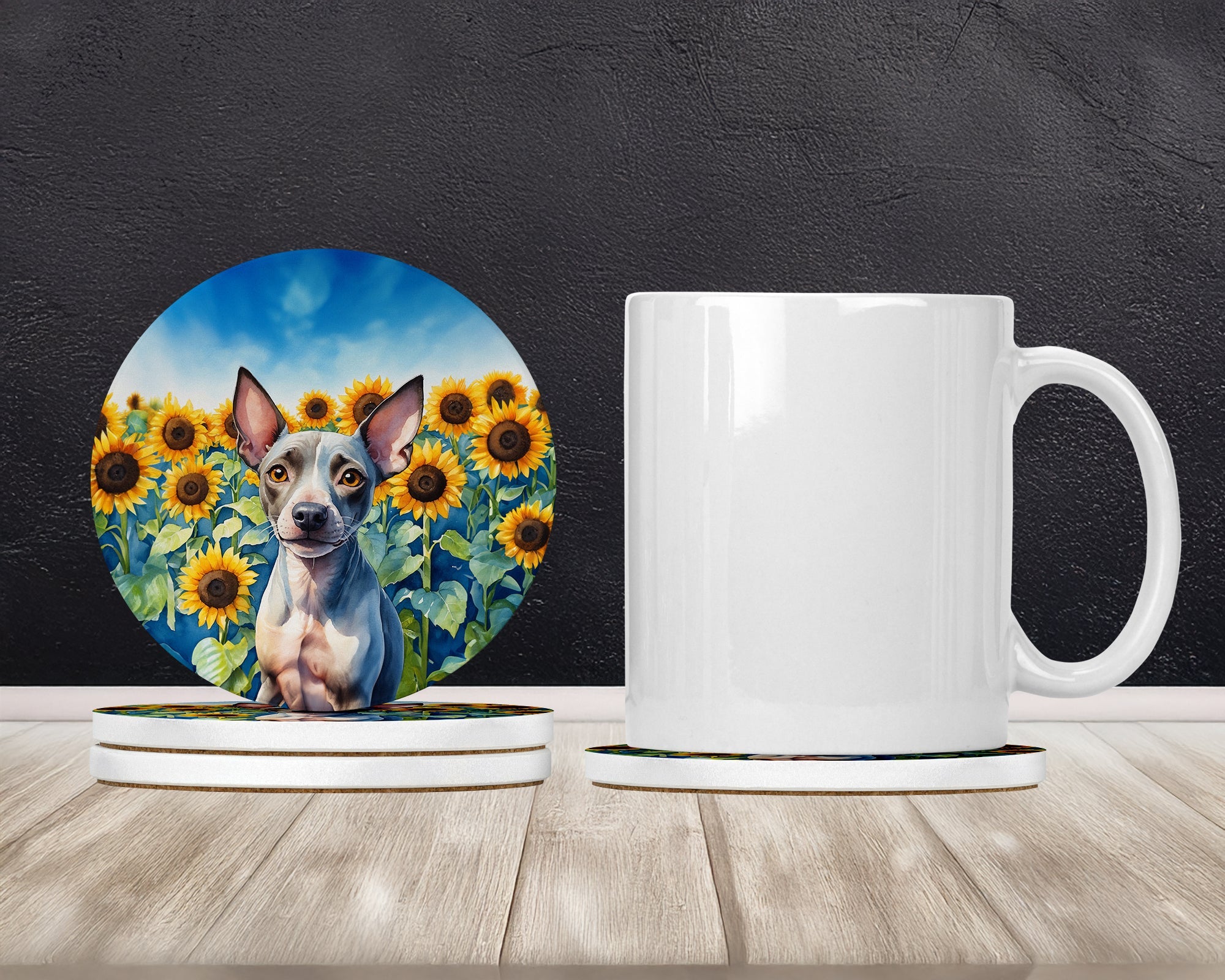 American Hairless Terrier in Sunflowers Large Sandstone Coasters Pack of 4 Absorbent Round Coasters Decor Gifts for Men or Women, 4 in, Multicolor