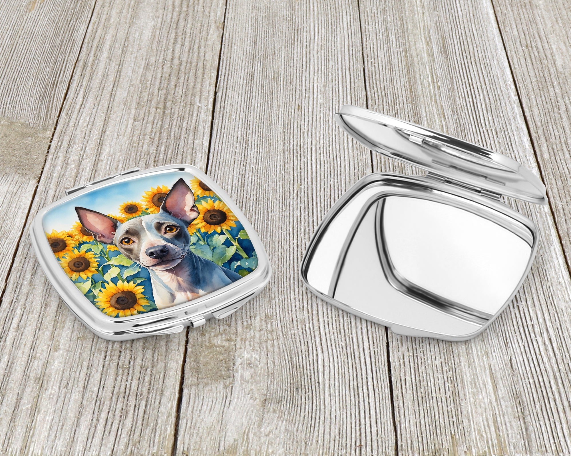 American Hairless Terrier in Sunflowers Compact Mirror Decorative Travel Makeup Mirror for Women Girls Gifts Pocket Makeup Mirror Folding Handheld