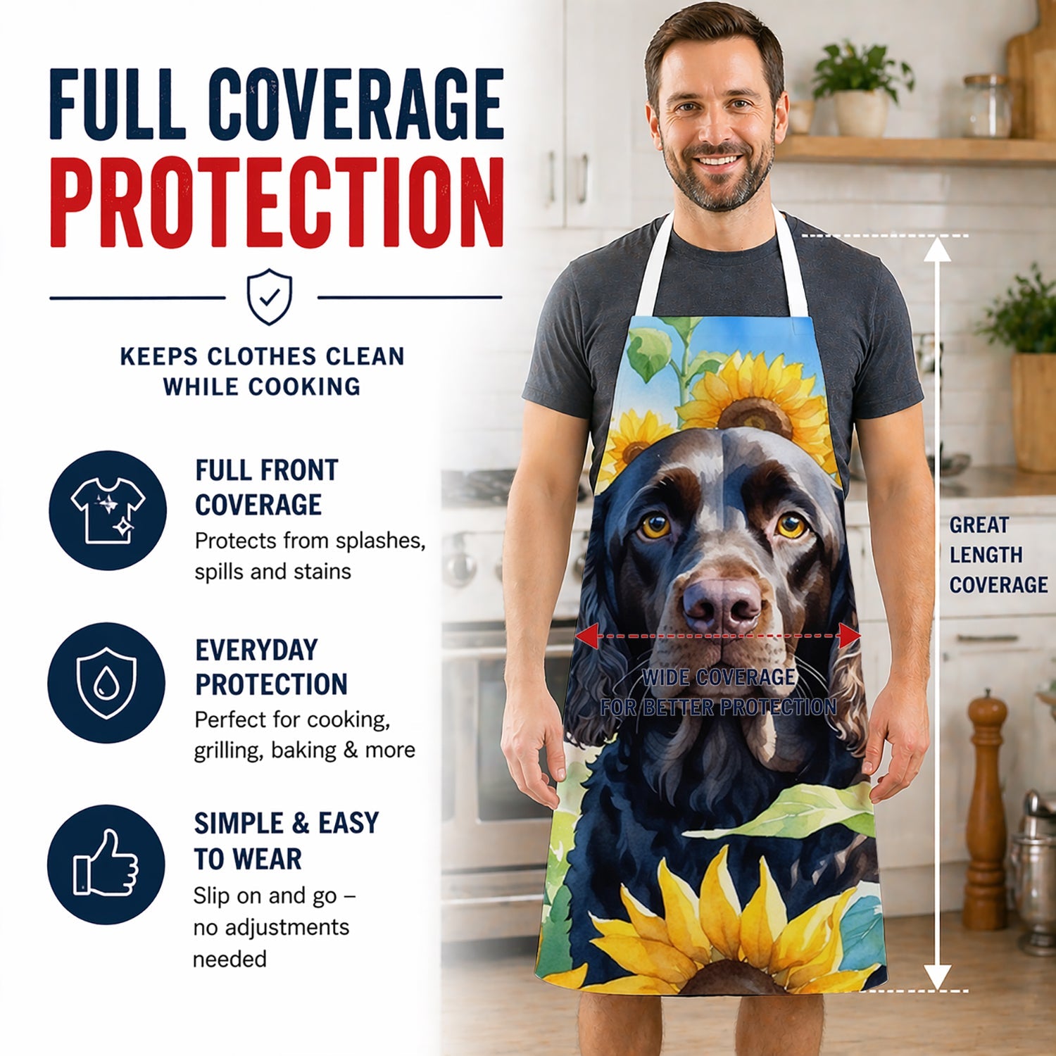 American Water Spaniel in Sunflowers Apron Cooking Kitchen Server Baking Crafts Gardening for Adult Women Men, Unisex, Large, Multicolor