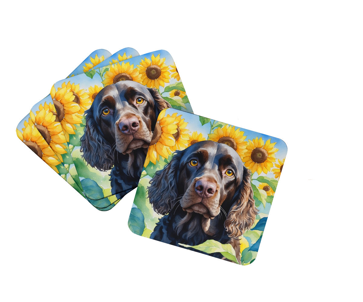American Water Spaniel in Sunflowers Foam Coasters Set of 4 Cup Coasters for Indoor Outdoor, Tabletop Protection, Anti Slip, Mouse pad Material