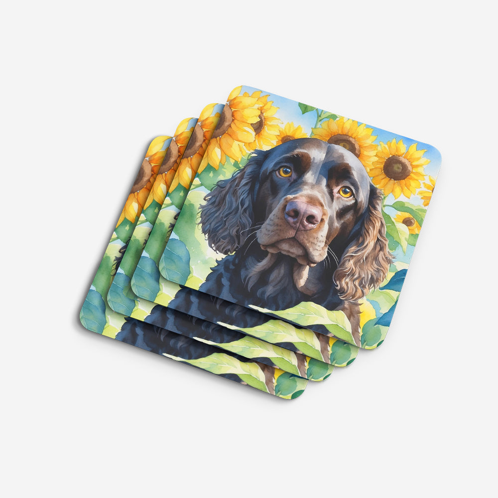 American Water Spaniel in Sunflowers Foam Coasters Set of 4 Cup Coasters for Indoor Outdoor, Tabletop Protection, Anti Slip, Mouse pad Material