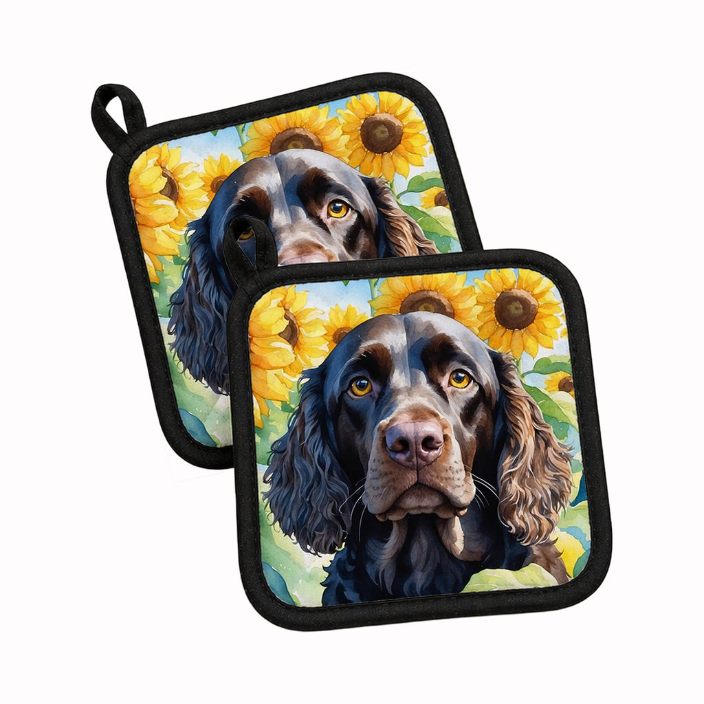 American Water Spaniel in Sunflowers Pot Holder Set of 2 Heat Resistant Quilted Hot Pads 7.5 x 7.5 Inch, Insulated Kitchen Trivets for Cooking & Baking