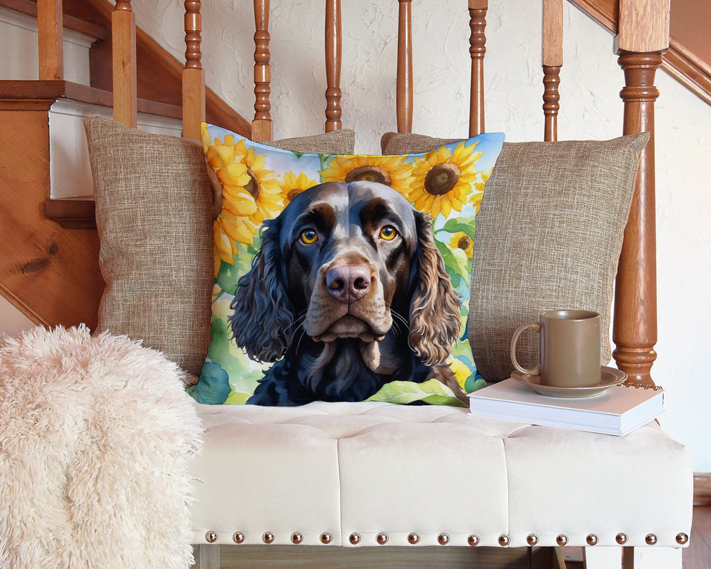 American Water Spaniel in Sunflowers Decorative Throw Pillow 14x14 Indoor Outdoor Accent Cushion, Fabric Cover with Insert for Sofa, Bed, Porch & Living Room