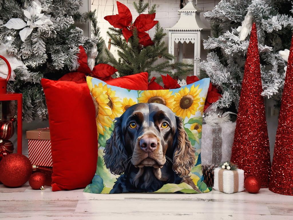 American Water Spaniel in Sunflowers Decorative Throw Pillow 14x14 Indoor Outdoor Accent Cushion, Fabric Cover with Insert for Sofa, Bed, Porch & Living Room