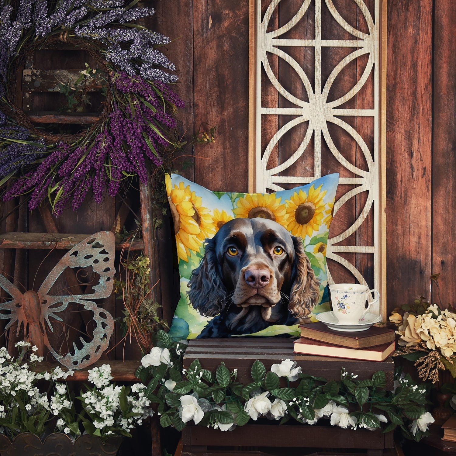 American Water Spaniel in Sunflowers Decorative Throw Pillow 18x18 Indoor Outdoor Accent Cushion, Fabric Cover with Insert for Sofa, Bed, Porch & Living Room