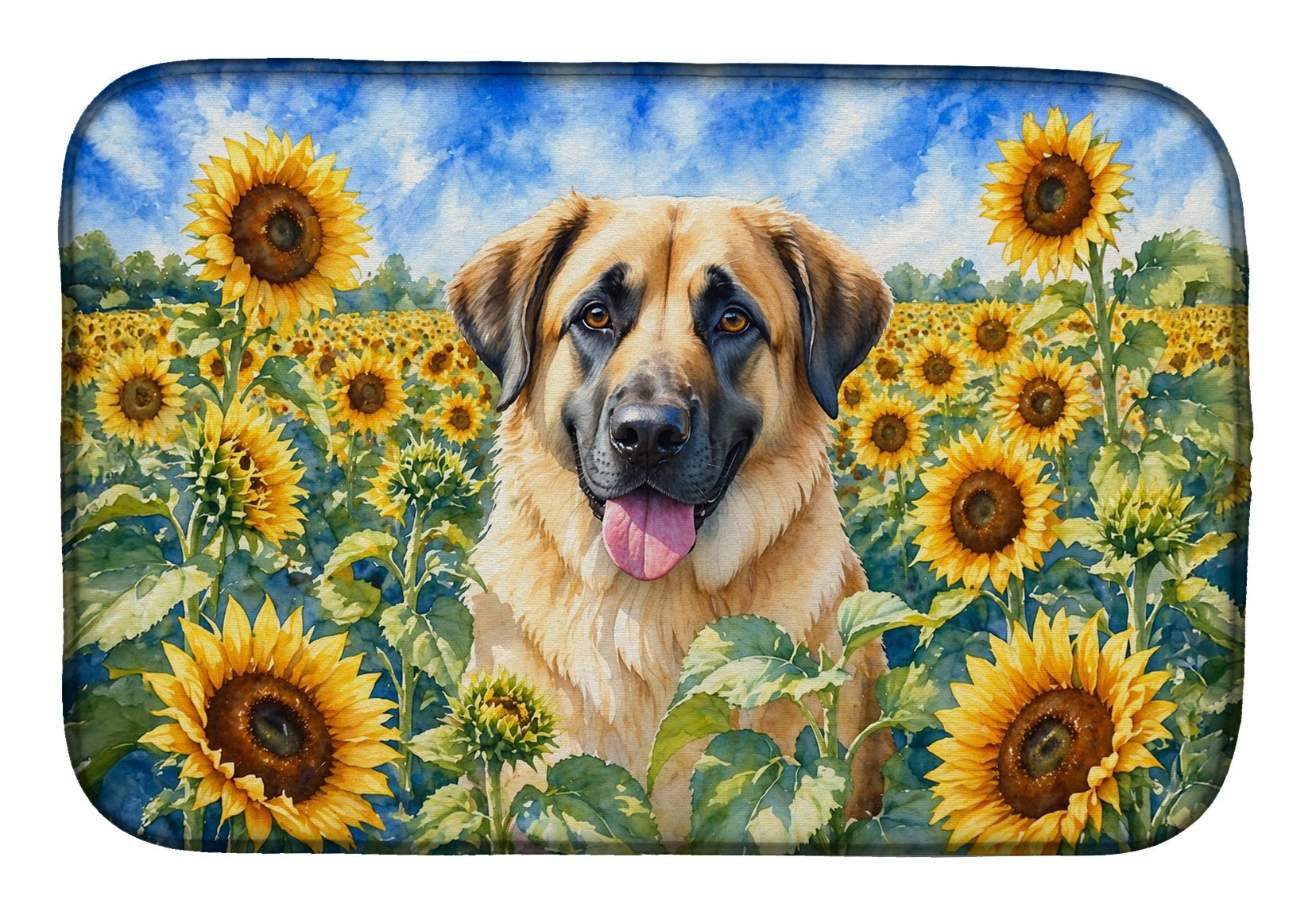 Anatolian Shepherd in Sunflowers Dish Drying Mat Absorbent Dish Drying Mat Pad for Kitchen Counter Dish Drainer Mat for Countertop, 14 x 21", Multicolor