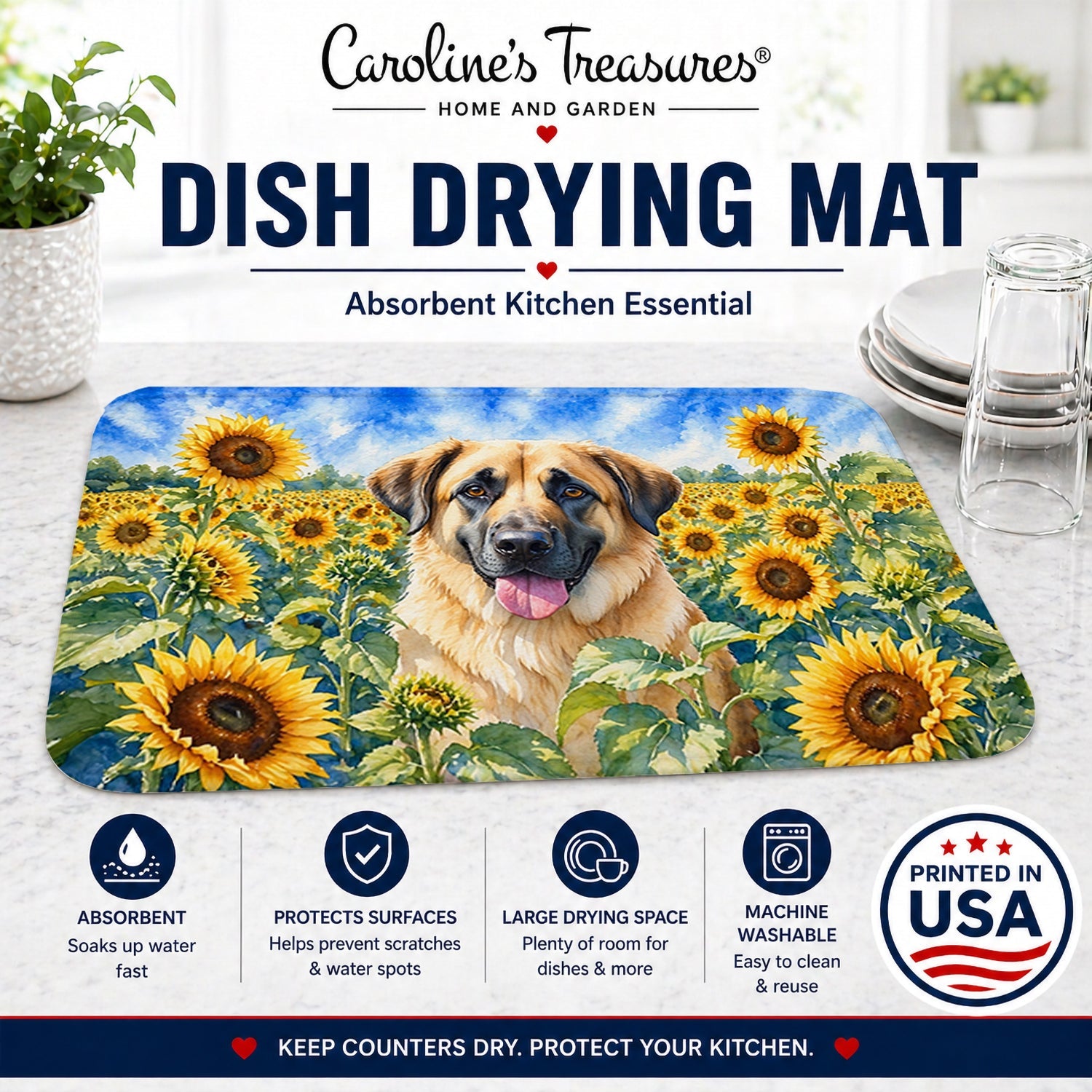 Anatolian Shepherd in Sunflowers Dish Drying Mat Absorbent Dish Drying Mat Pad for Kitchen Counter Dish Drainer Mat for Countertop, 14 x 21", Multicolor