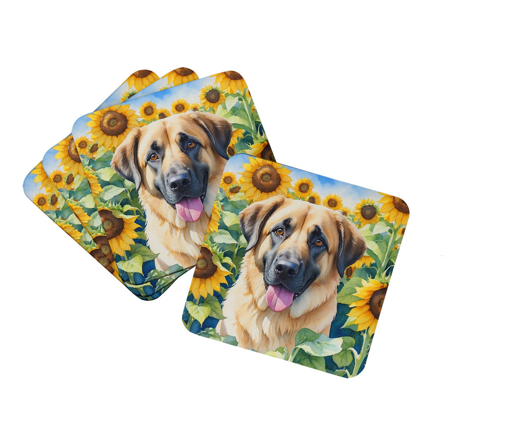 Anatolian Shepherd in Sunflowers Foam Coasters Set of 4 Cup Coasters for Indoor Outdoor, Tabletop Protection, Anti Slip, Mouse pad Material