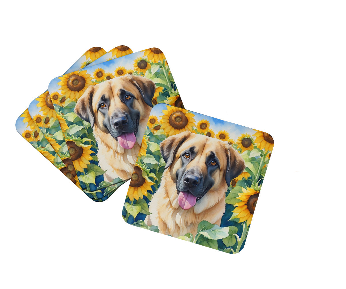 Anatolian Shepherd in Sunflowers Foam Coasters Set of 4 Cup Coasters for Indoor Outdoor, Tabletop Protection, Anti Slip, Mouse pad Material