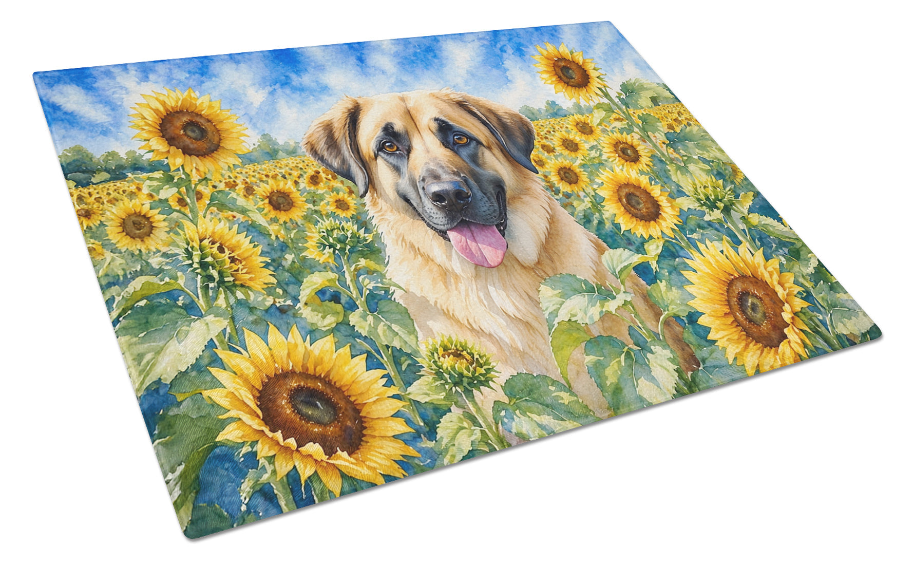 Anatolian Shepherd in Sunflowers Cutting Board Tempered Glass Kitchen Cutting Surface, Heat Resistant Chopping Board with Non-Slip Feet, Decorative Food Prep & Serving