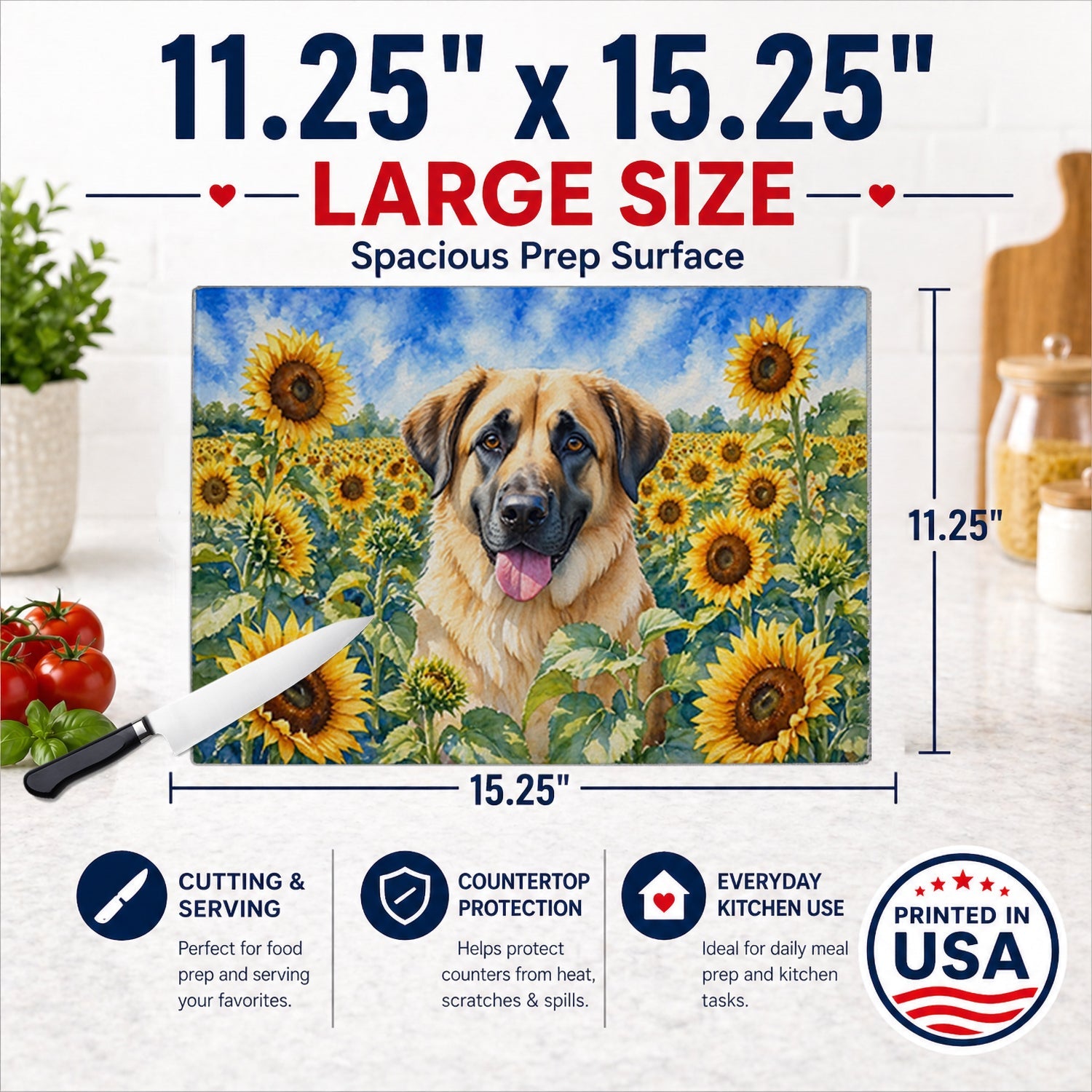 Anatolian Shepherd in Sunflowers Cutting Board Tempered Glass Kitchen Cutting Surface, Heat Resistant Chopping Board with Non-Slip Feet, Decorative Food Prep & Serving