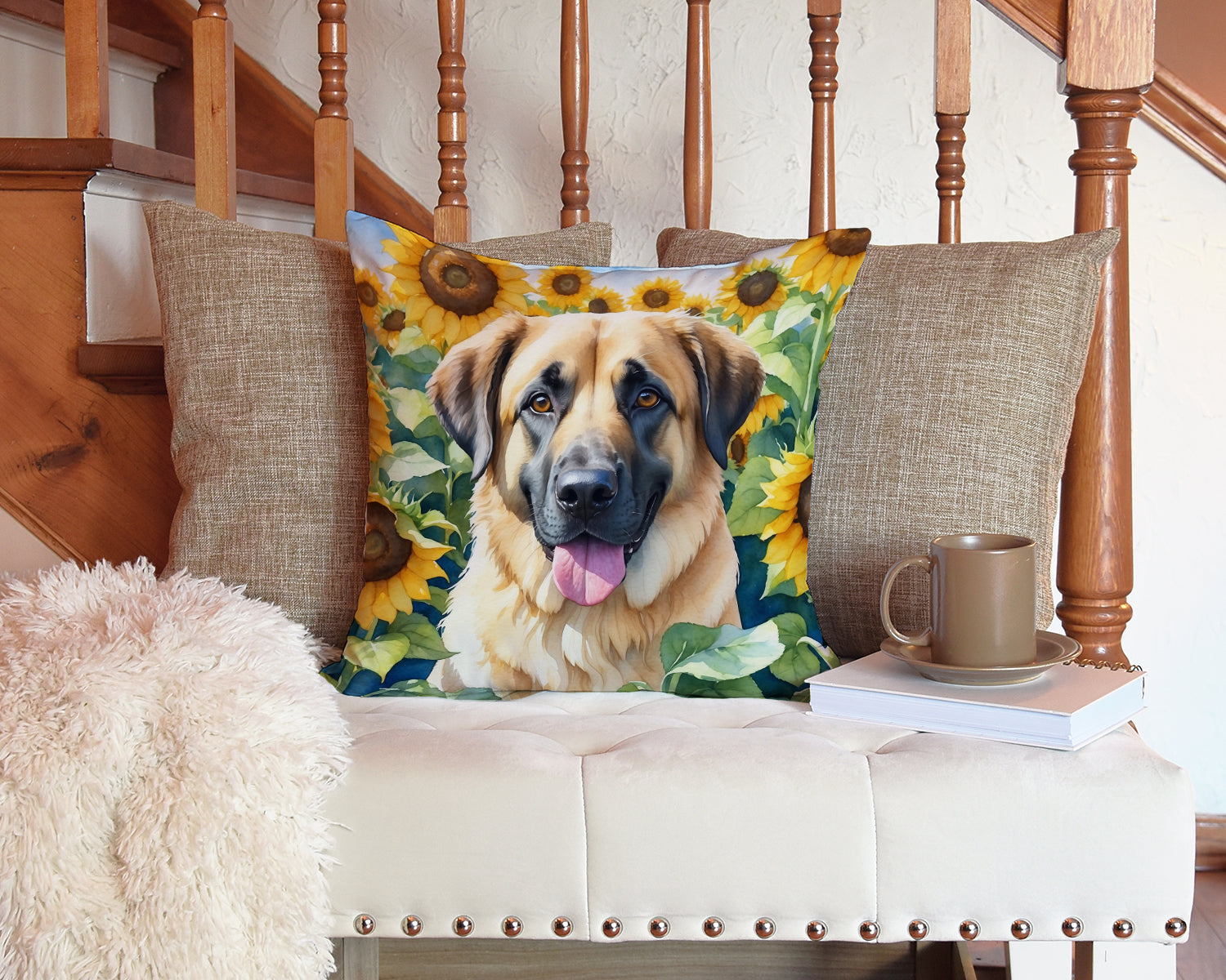 Anatolian Shepherd in Sunflowers Decorative Throw Pillow 14x14 Indoor Outdoor Accent Cushion, Fabric Cover with Insert for Sofa, Bed, Porch & Living Room