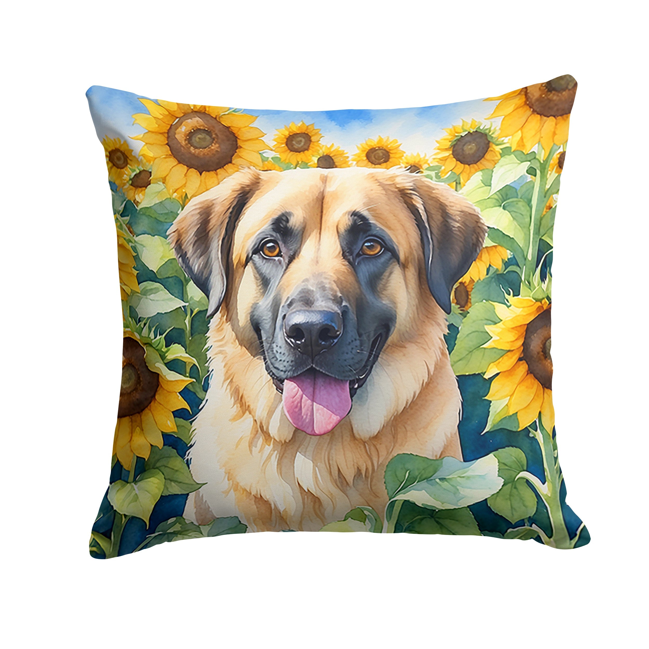 Anatolian Shepherd in Sunflowers Decorative Throw Pillow 18x18 Indoor Outdoor Accent Cushion, Fabric Cover with Insert for Sofa, Bed, Porch & Living Room