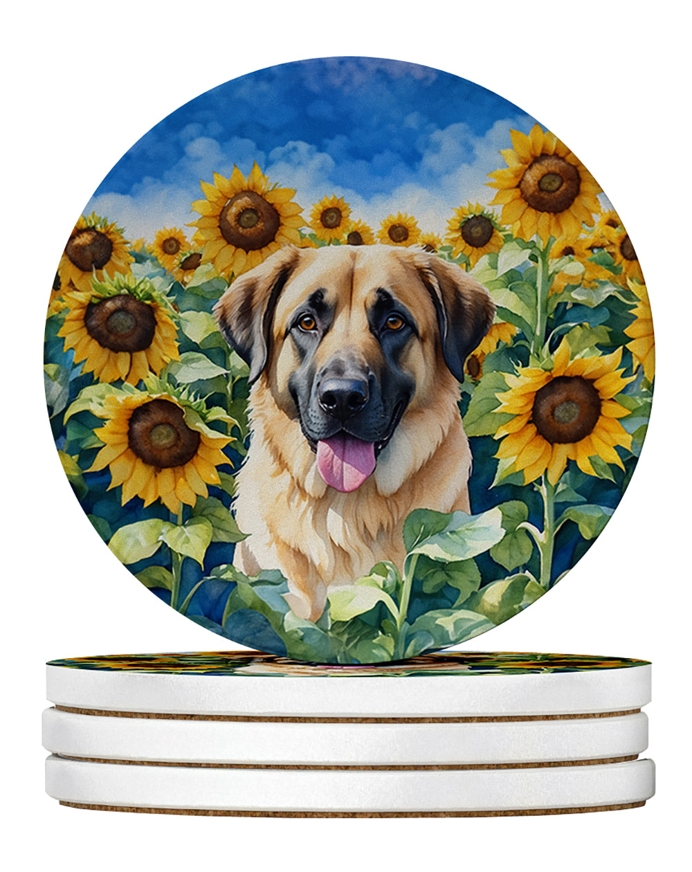 Anatolian Shepherd in Sunflowers Large Sandstone Coasters Pack of 4 Absorbent Round Coasters Decor Gifts for Men or Women, 4 in, Multicolor