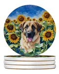 Anatolian Shepherd in Sunflowers Large Sandstone Coasters Pack of 4 Absorbent Round Coasters Decor Gifts for Men or Women, 4 in, Multicolor