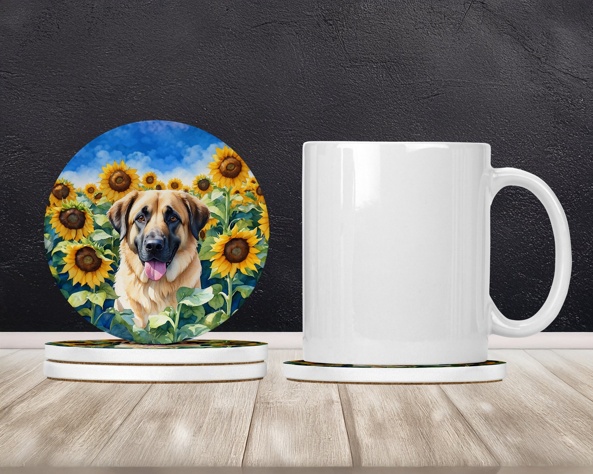 Anatolian Shepherd in Sunflowers Large Sandstone Coasters Pack of 4 Absorbent Round Coasters Decor Gifts for Men or Women, 4 in, Multicolor