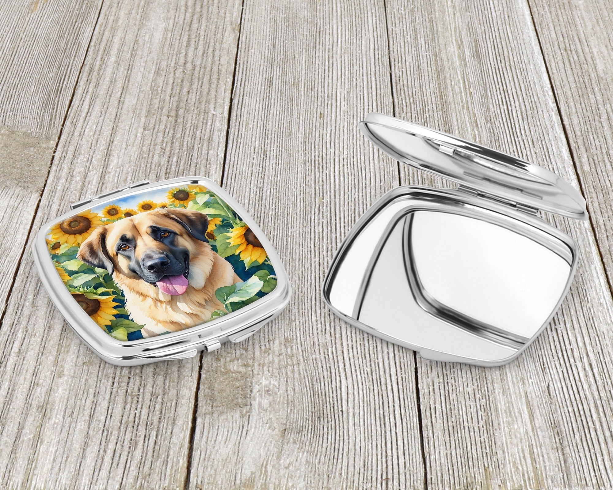 Anatolian Shepherd in Sunflowers Compact Mirror Decorative Travel Makeup Mirror for Women Girls Gifts Pocket Makeup Mirror Folding Handheld
