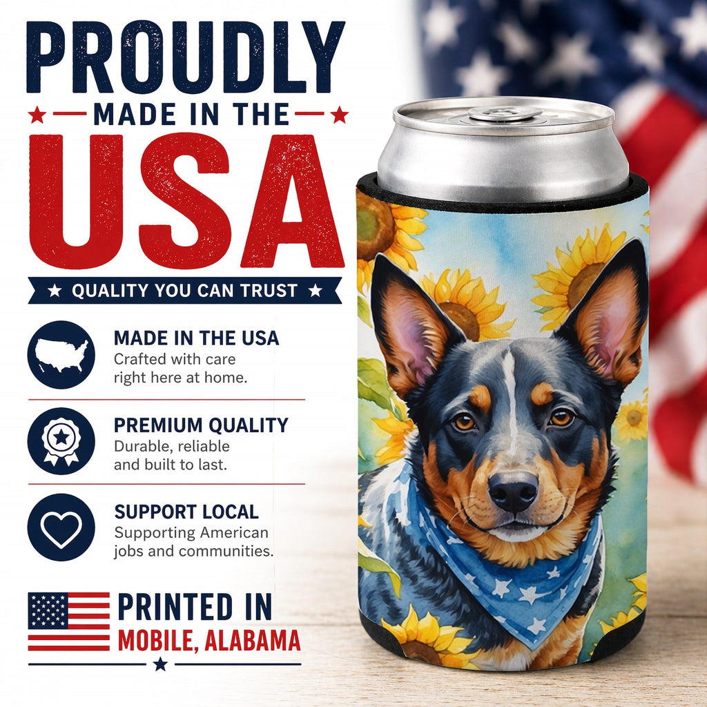 Australian Cattle Dog in Sunflowers Can or Bottle Hugger Cooler Sleeve for Standard 12 oz Cans, Insulated Foam Beer & Soda Can Hugger Reusable