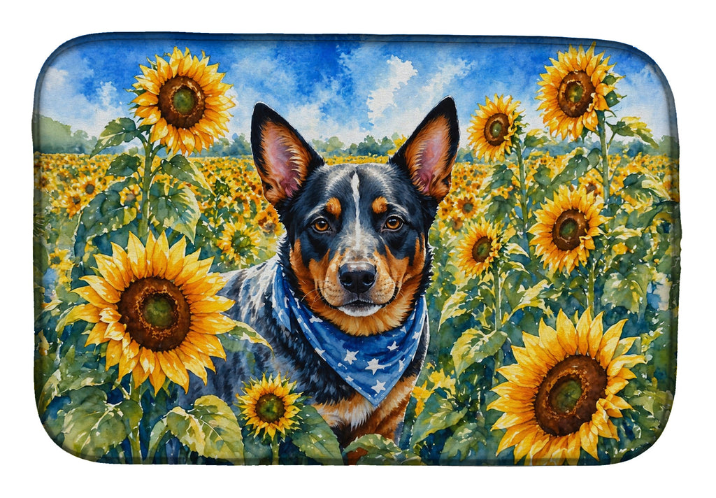 Australian Cattle Dog in Sunflowers Dish Drying Mat Absorbent Dish Drying Mat Pad for Kitchen Counter Dish Drainer Mat for Countertop, 14 x 21", Multicolor
