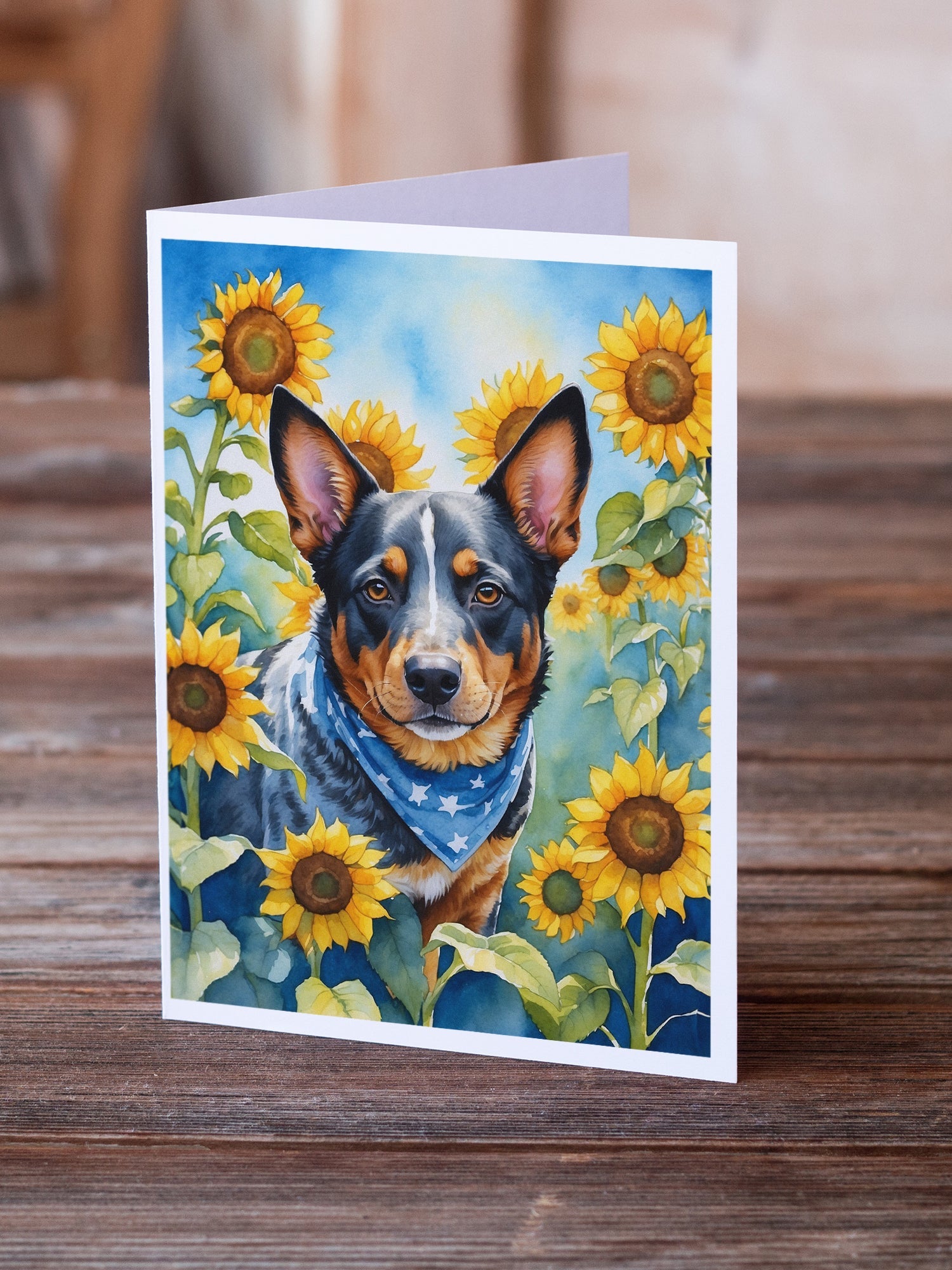 Australian Cattle Dog in Sunflowers Greeting Cards Pack of 8 Blank Cards with Envelopes Whimsical A7 Size 5x7