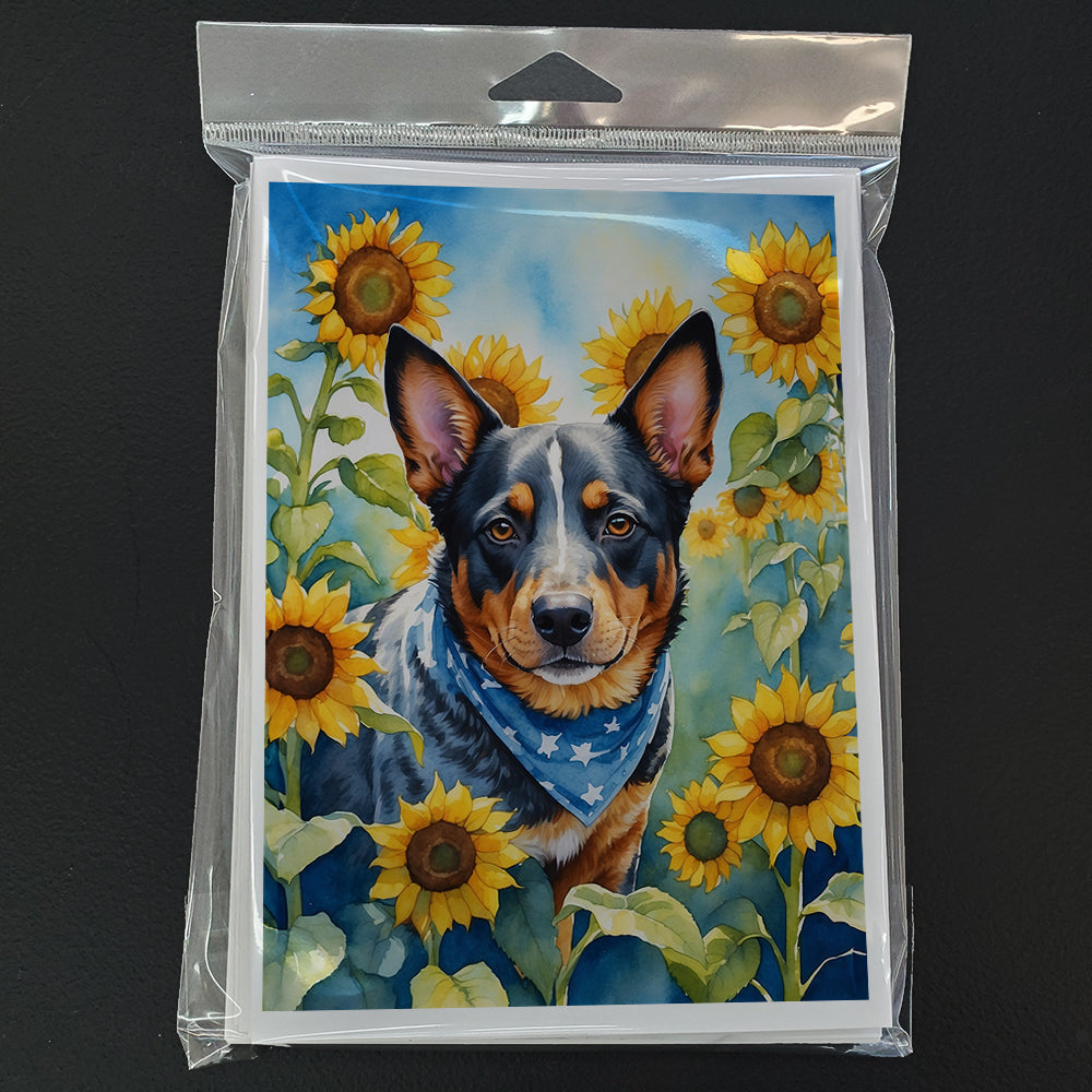 Australian Cattle Dog in Sunflowers Greeting Cards Pack of 8 Blank Cards with Envelopes Whimsical A7 Size 5x7
