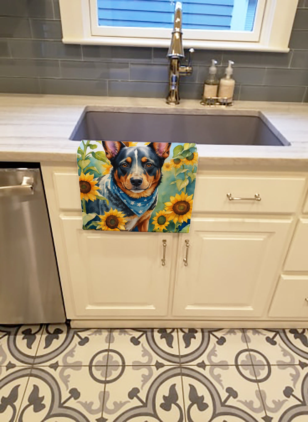 Australian Cattle Dog in Sunflowers Kitchen Towel Velour Plush Front and Cotton Loop Back Machine Washable