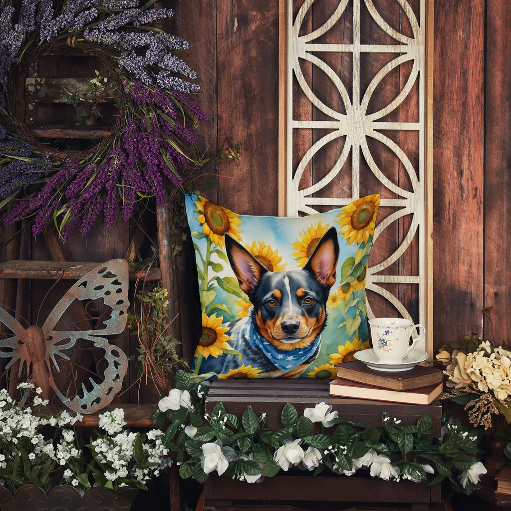 Australian Cattle Dog in Sunflowers Decorative Throw Pillow 14x14 Indoor Outdoor Accent Cushion, Fabric Cover with Insert for Sofa, Bed, Porch & Living Room