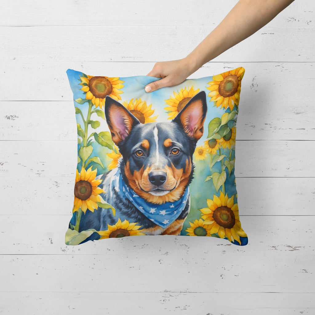 Australian Cattle Dog in Sunflowers Decorative Throw Pillow 18x18 Indoor Outdoor Accent Cushion, Fabric Cover with Insert for Sofa, Bed, Porch & Living Room