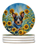 Australian Cattle Dog in Sunflowers Large Sandstone Coasters Pack of 4 Absorbent Round Coasters Decor Gifts for Men or Women, 4 in, Multicolor