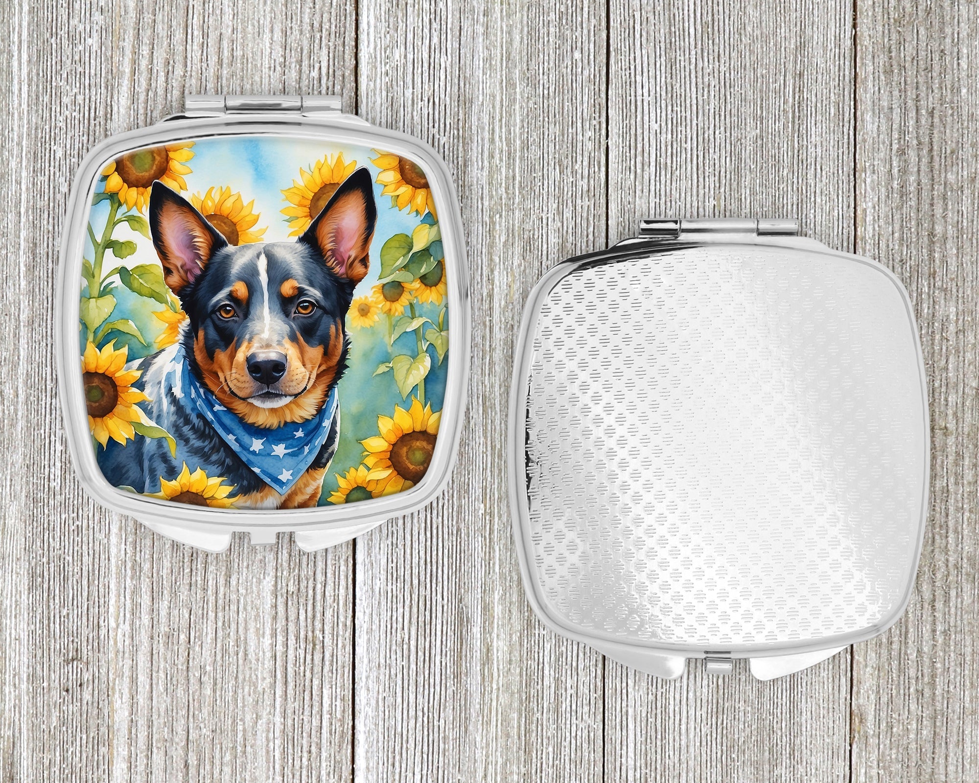 Australian Cattle Dog in Sunflowers Compact Mirror Decorative Travel Makeup Mirror for Women Girls Gifts Pocket Makeup Mirror Folding Handheld