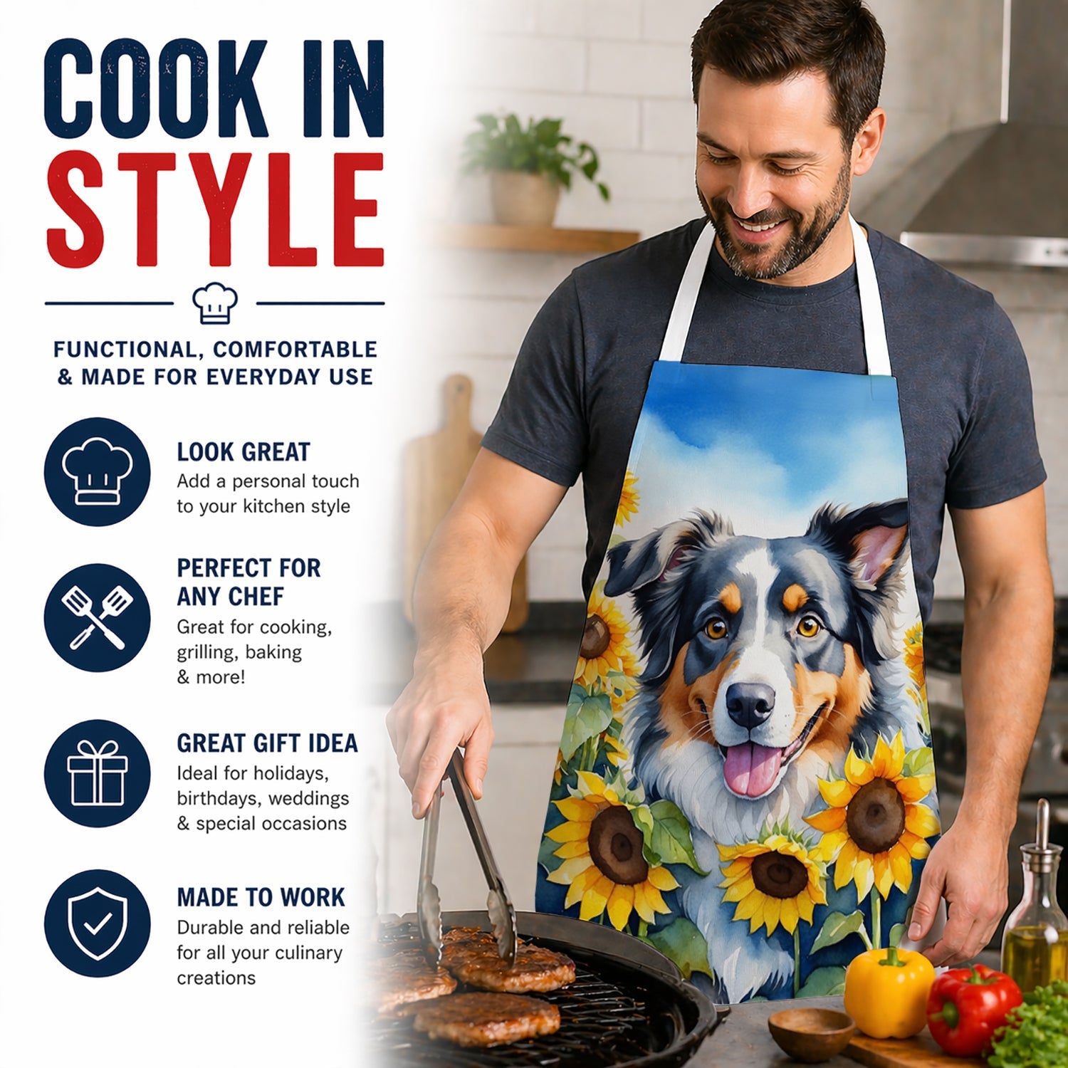 Australian Shepherd in Sunflowers Apron Cooking Kitchen Server Baking Crafts Gardening for Adult Women Men, Unisex, Large, Multicolor