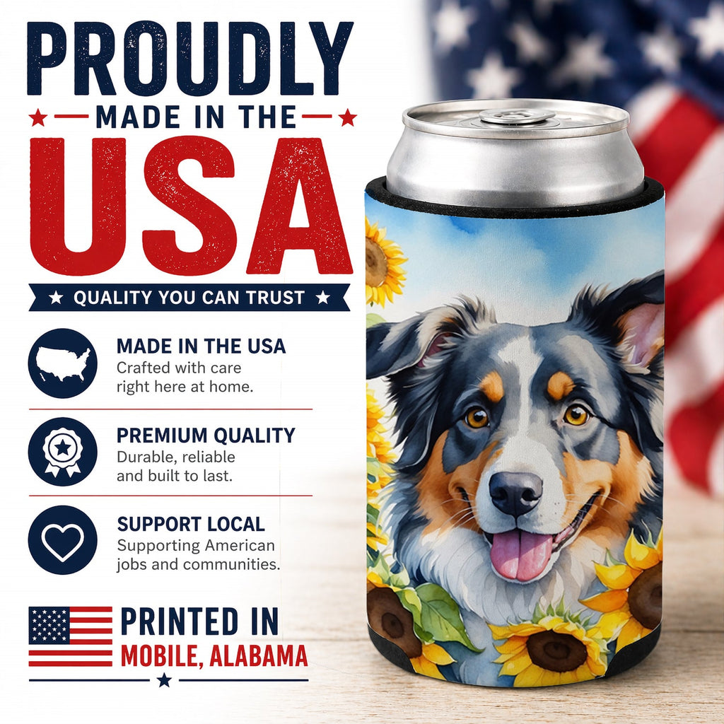 Australian Shepherd in Sunflowers Can or Bottle Hugger Cooler Sleeve for Standard 12 oz Cans, Insulated Foam Beer & Soda Can Hugger Reusable