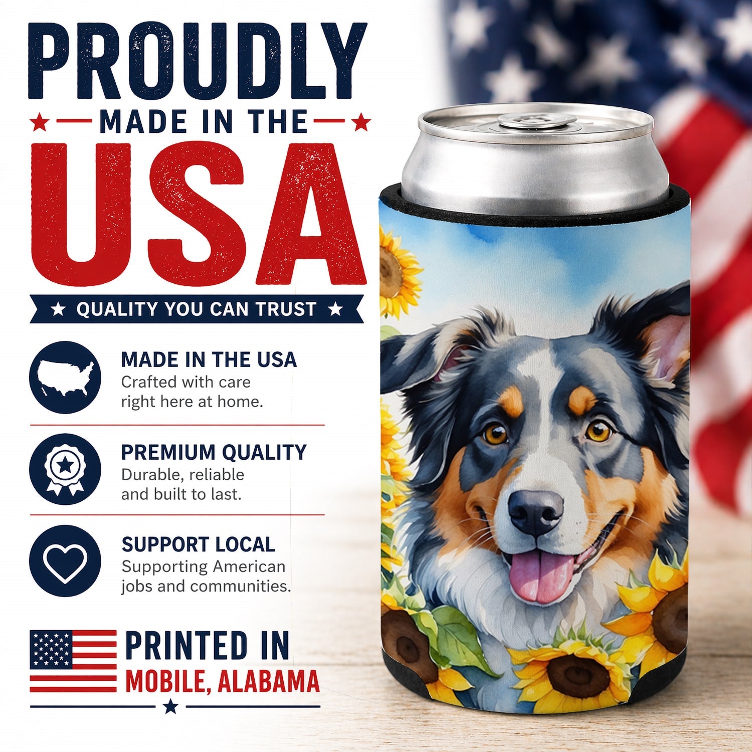Australian Shepherd in Sunflowers Can or Bottle Hugger Cooler Sleeve for Standard 12 oz Cans, Insulated Foam Beer & Soda Can Hugger Reusable