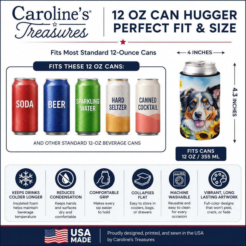Australian Shepherd in Sunflowers Can or Bottle Hugger Cooler Sleeve for Standard 12 oz Cans, Insulated Foam Beer & Soda Can Hugger Reusable