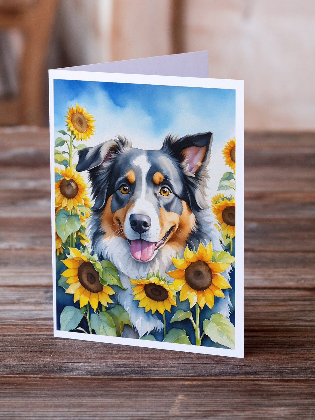 Australian Shepherd in Sunflowers Greeting Cards Pack of 8 Blank Cards with Envelopes Whimsical A7 Size 5x7