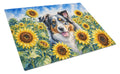 Australian Shepherd in Sunflowers Cutting Board Tempered Glass Kitchen Cutting Surface, Heat Resistant Chopping Board with Non-Slip Feet, Decorative Food Prep & Serving