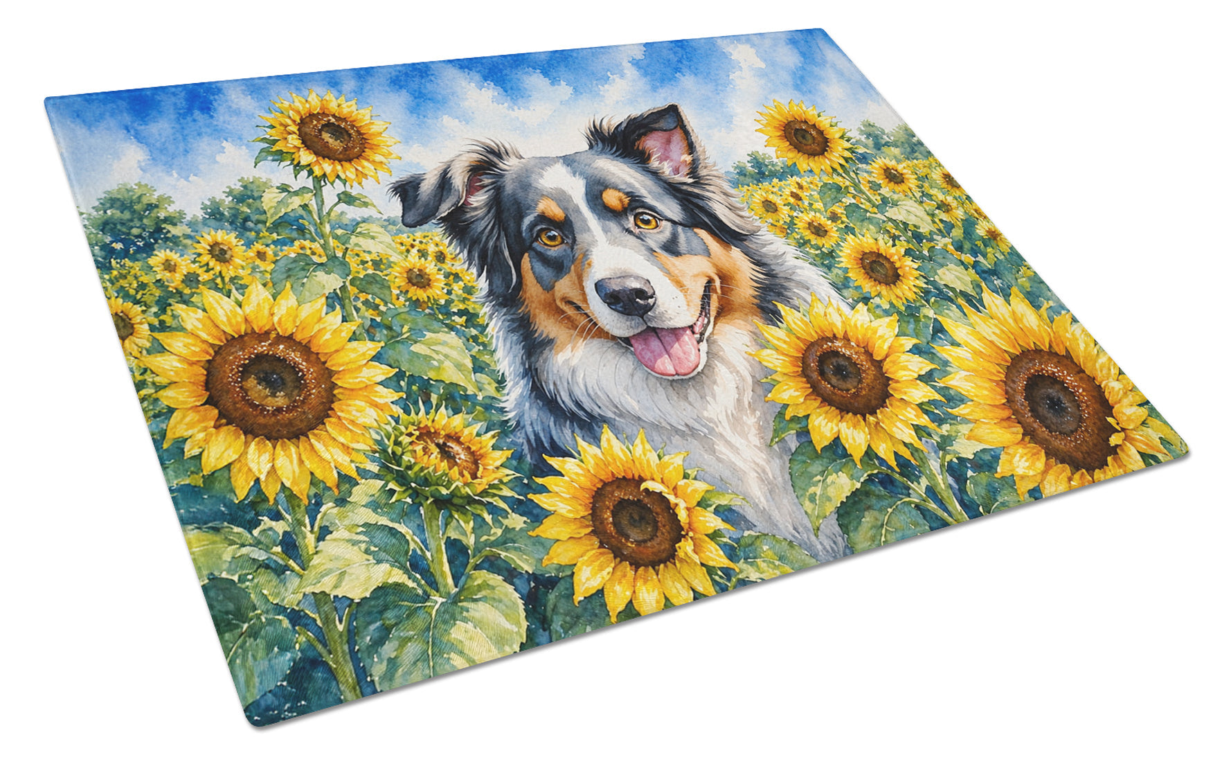 Australian Shepherd in Sunflowers Cutting Board Tempered Glass Kitchen Cutting Surface, Heat Resistant Chopping Board with Non-Slip Feet, Decorative Food Prep & Serving