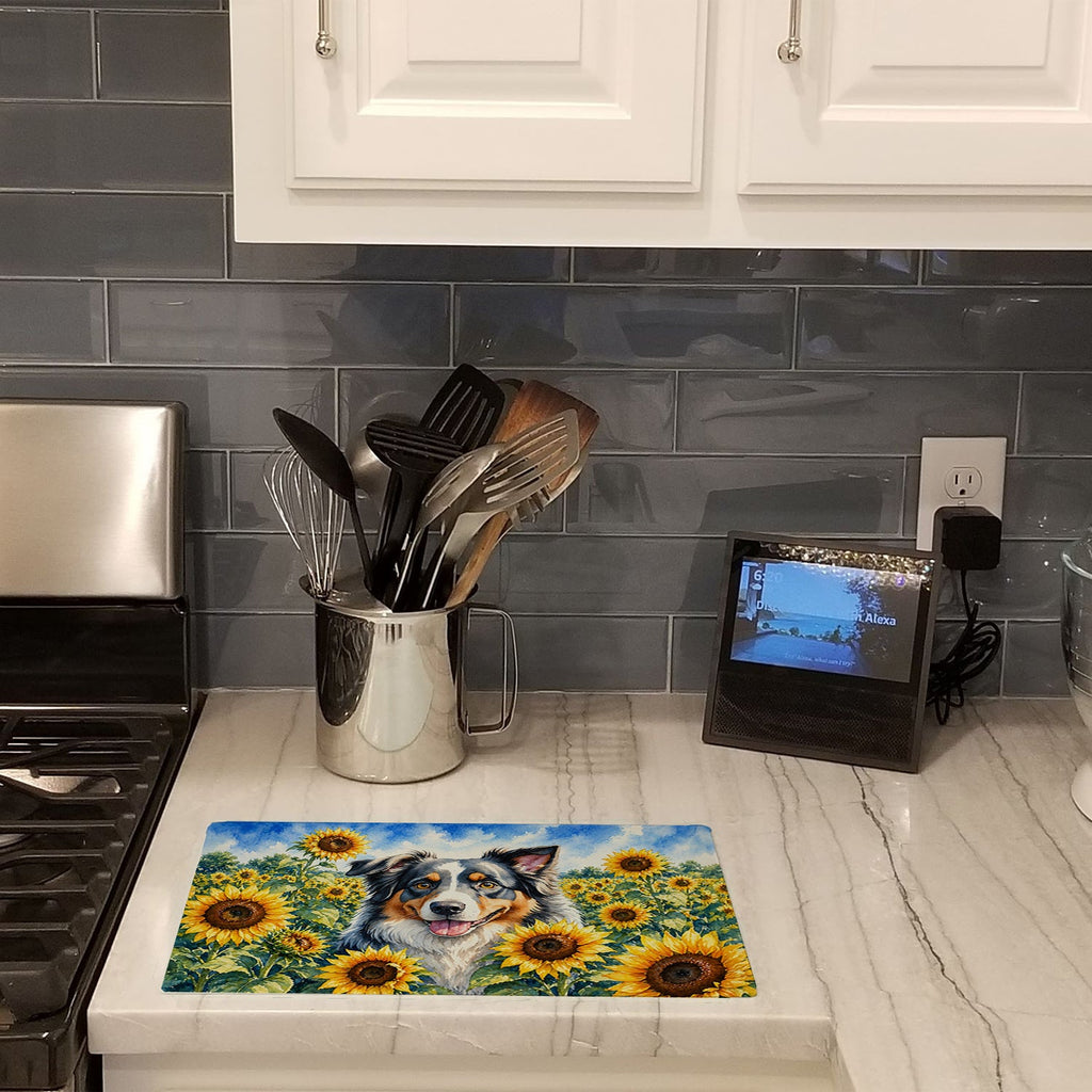Australian Shepherd in Sunflowers Cutting Board Tempered Glass Kitchen Cutting Surface, Heat Resistant Chopping Board with Non-Slip Feet, Decorative Food Prep & Serving
