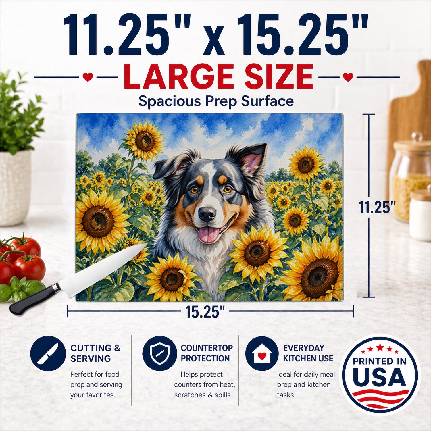Australian Shepherd in Sunflowers Cutting Board Tempered Glass Kitchen Cutting Surface, Heat Resistant Chopping Board with Non-Slip Feet, Decorative Food Prep & Serving