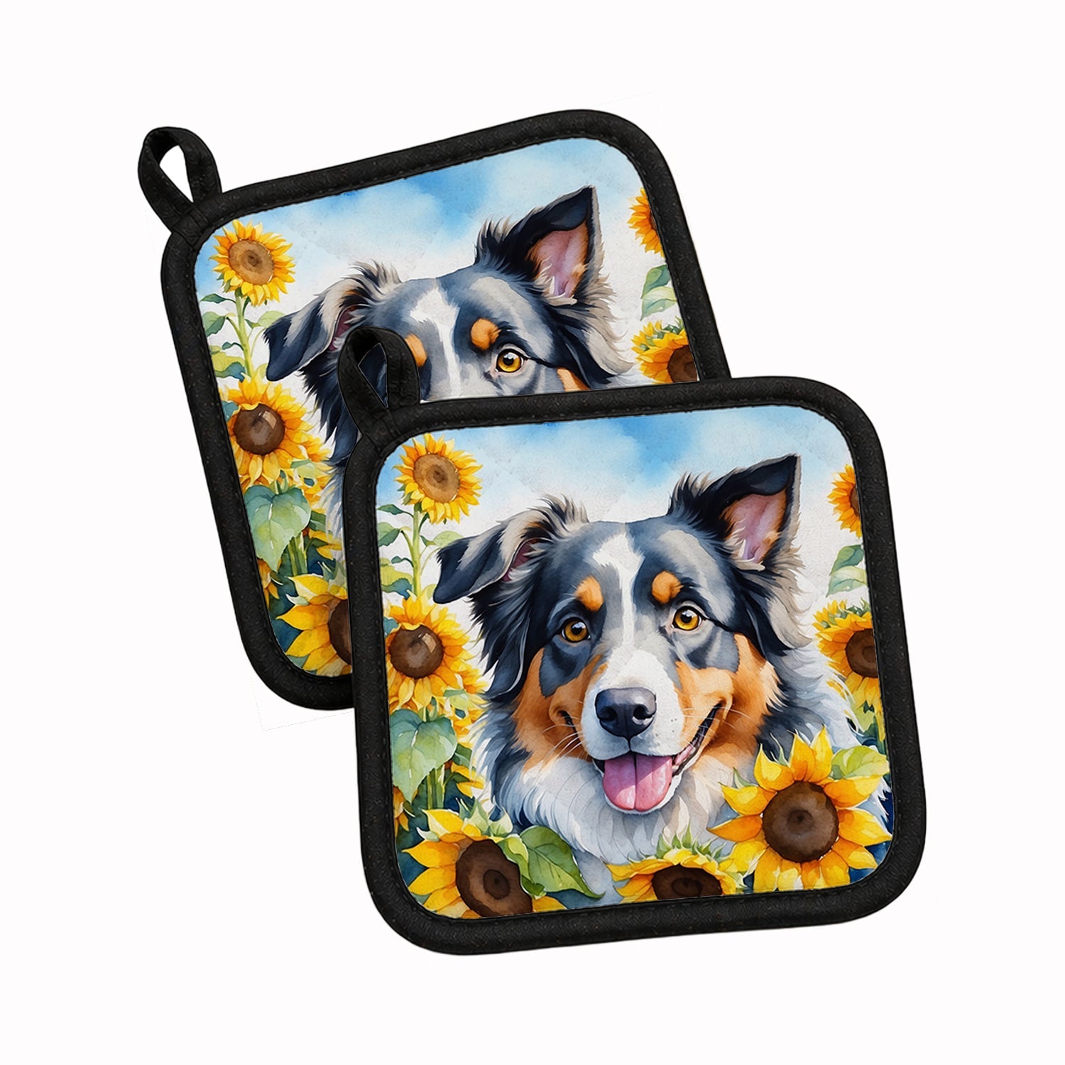 Australian Shepherd in Sunflowers Pot Holder Set of 2 Heat Resistant Quilted Hot Pads 7.5 x 7.5 Inch, Insulated Kitchen Trivets for Cooking & Baking