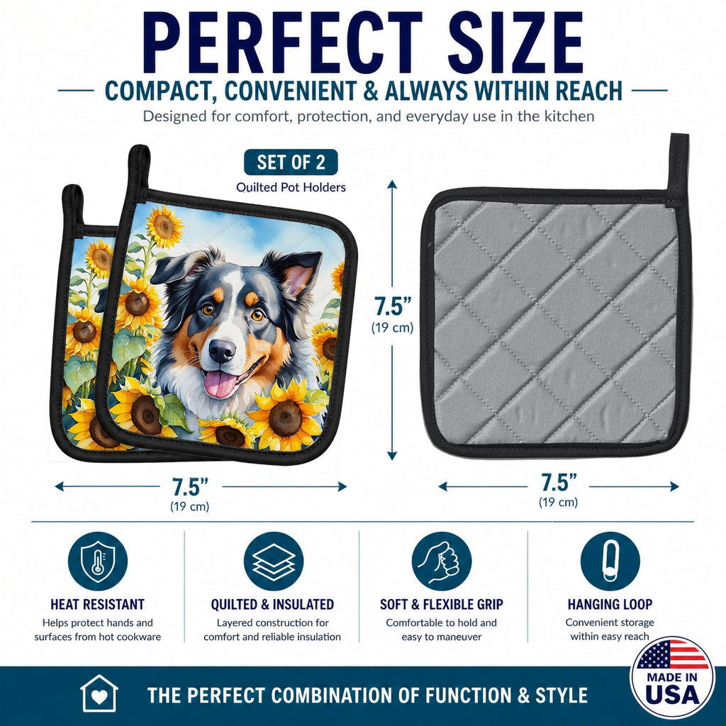 Australian Shepherd in Sunflowers Pot Holder Set of 2 Heat Resistant Quilted Hot Pads 7.5 x 7.5 Inch, Insulated Kitchen Trivets for Cooking & Baking