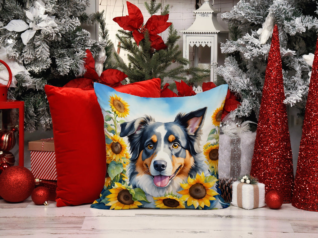 Australian Shepherd in Sunflowers Decorative Throw Pillow 14x14 Indoor Outdoor Accent Cushion, Fabric Cover with Insert for Sofa, Bed, Porch & Living Room