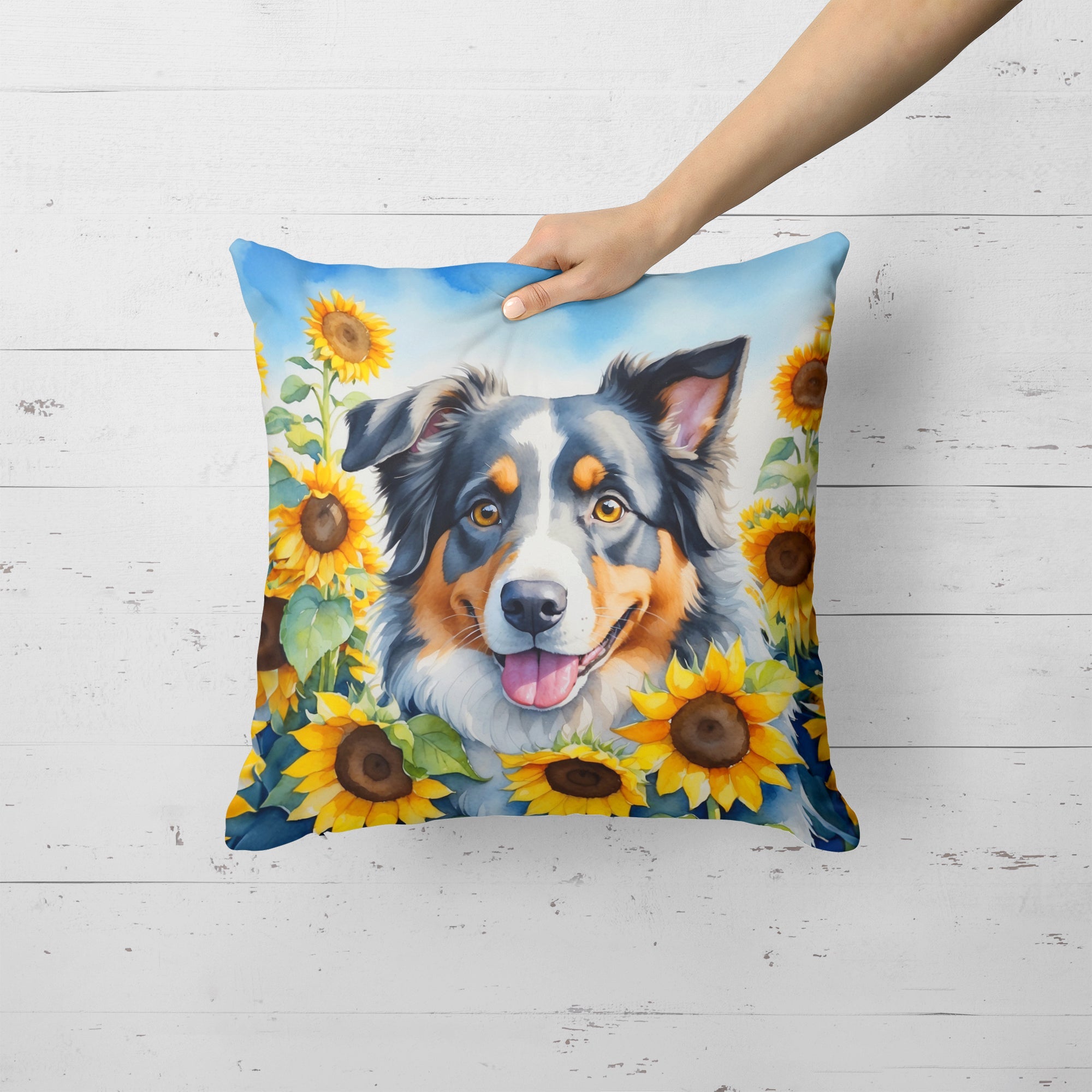 Australian Shepherd in Sunflowers Decorative Throw Pillow 18x18 Indoor Outdoor Accent Cushion, Fabric Cover with Insert for Sofa, Bed, Porch & Living Room