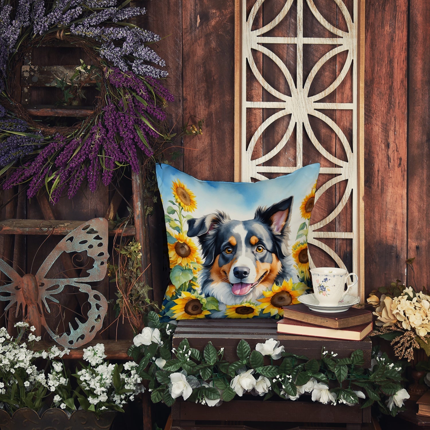 Australian Shepherd in Sunflowers Decorative Throw Pillow 18x18 Indoor Outdoor Accent Cushion, Fabric Cover with Insert for Sofa, Bed, Porch & Living Room