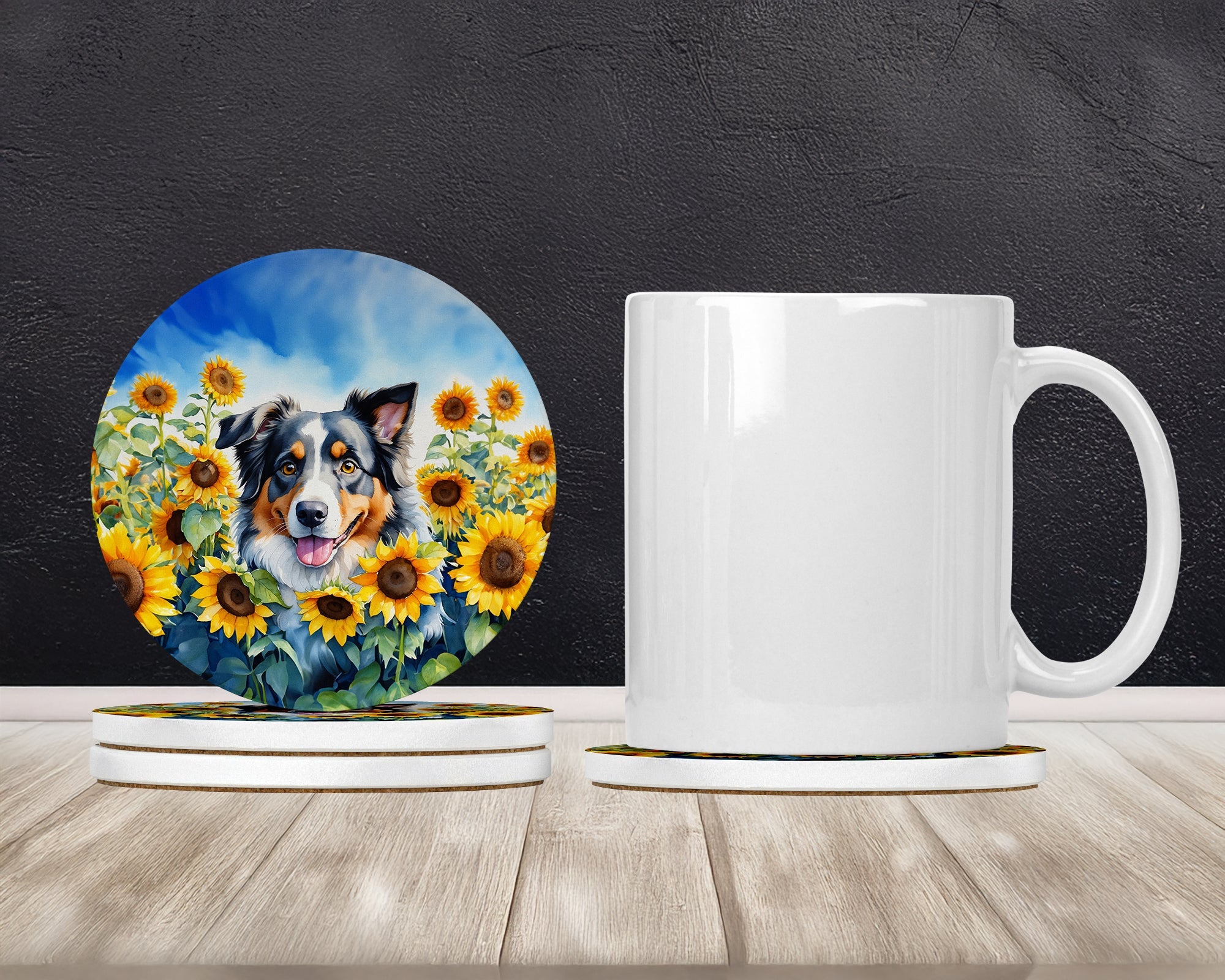 Australian Shepherd in Sunflowers Large Sandstone Coasters Pack of 4 Absorbent Round Coasters Decor Gifts for Men or Women, 4 in, Multicolor