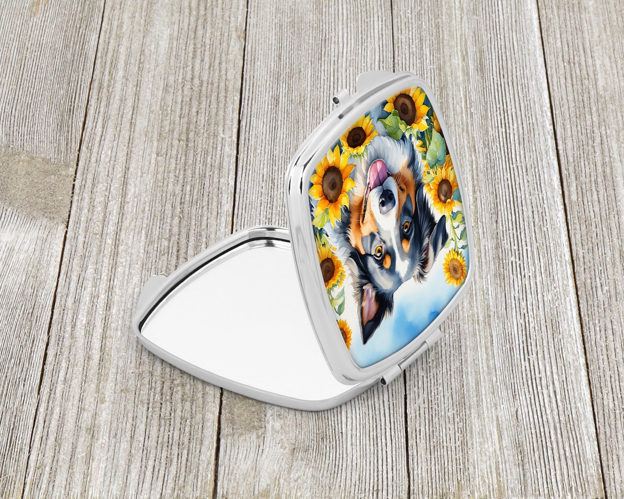 Australian Shepherd in Sunflowers Compact Mirror Decorative Travel Makeup Mirror for Women Girls Gifts Pocket Makeup Mirror Folding Handheld