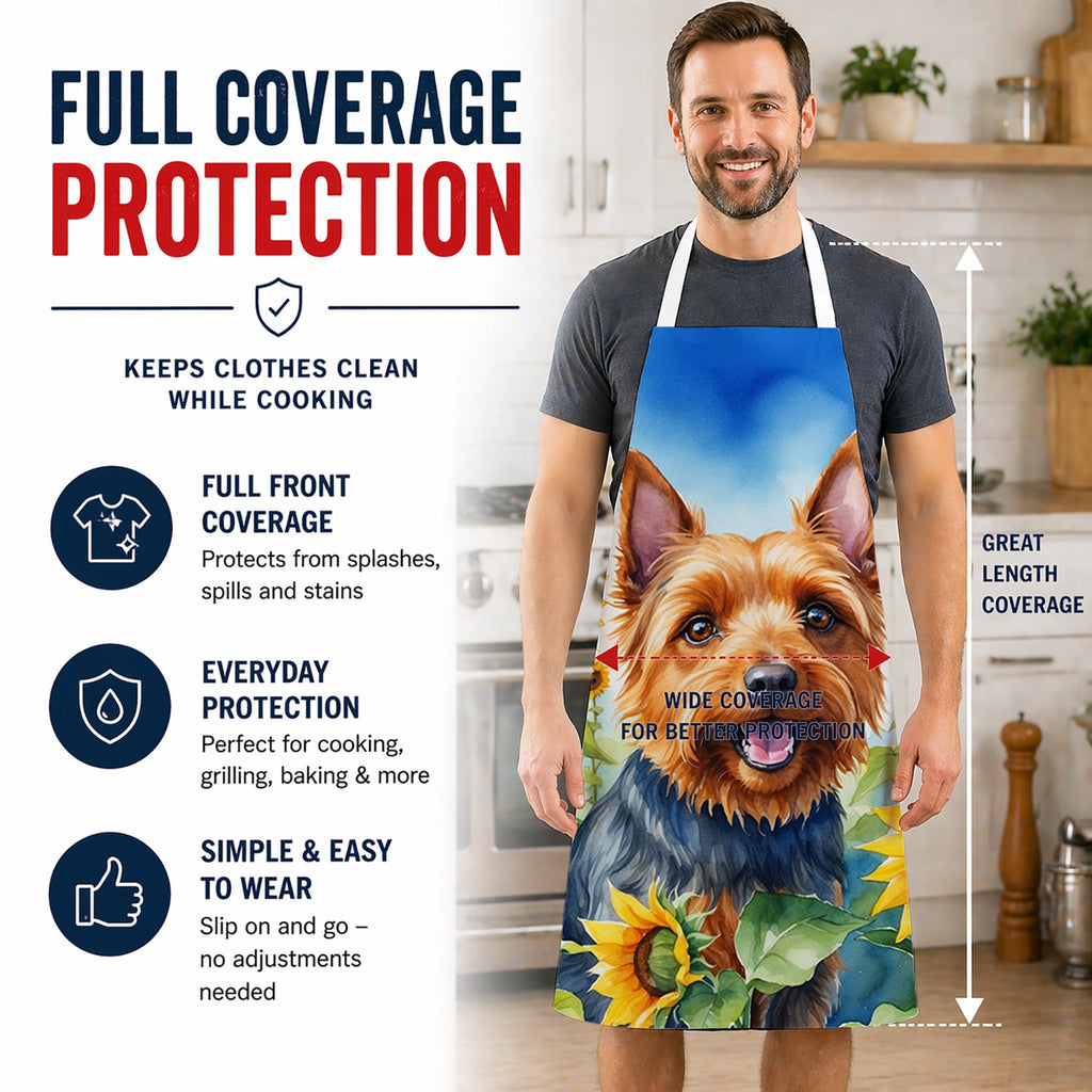 Australian Terrier in Sunflowers Apron Cooking Kitchen Server Baking Crafts Gardening for Adult Women Men, Unisex, Large, Multicolor