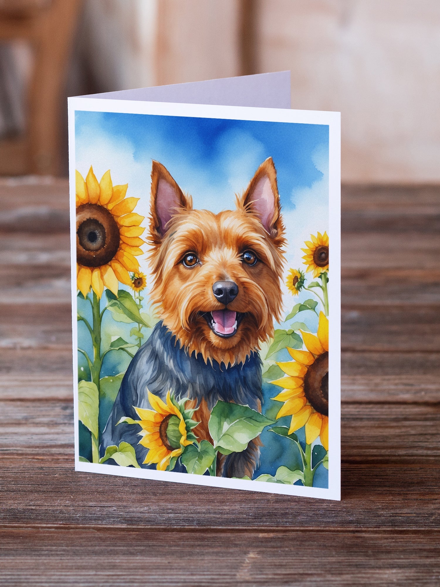 Australian Terrier in Sunflowers Greeting Cards Pack of 8 Blank Cards with Envelopes Whimsical A7 Size 5x7
