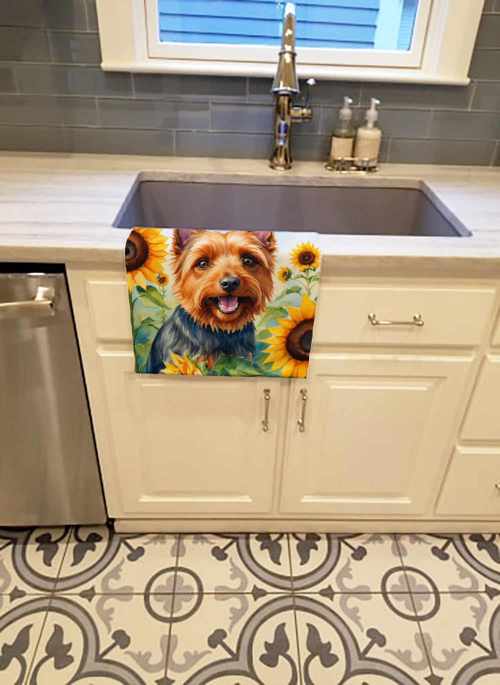 Australian Terrier in Sunflowers Kitchen Towel Velour Plush Front and Cotton Loop Back Machine Washable